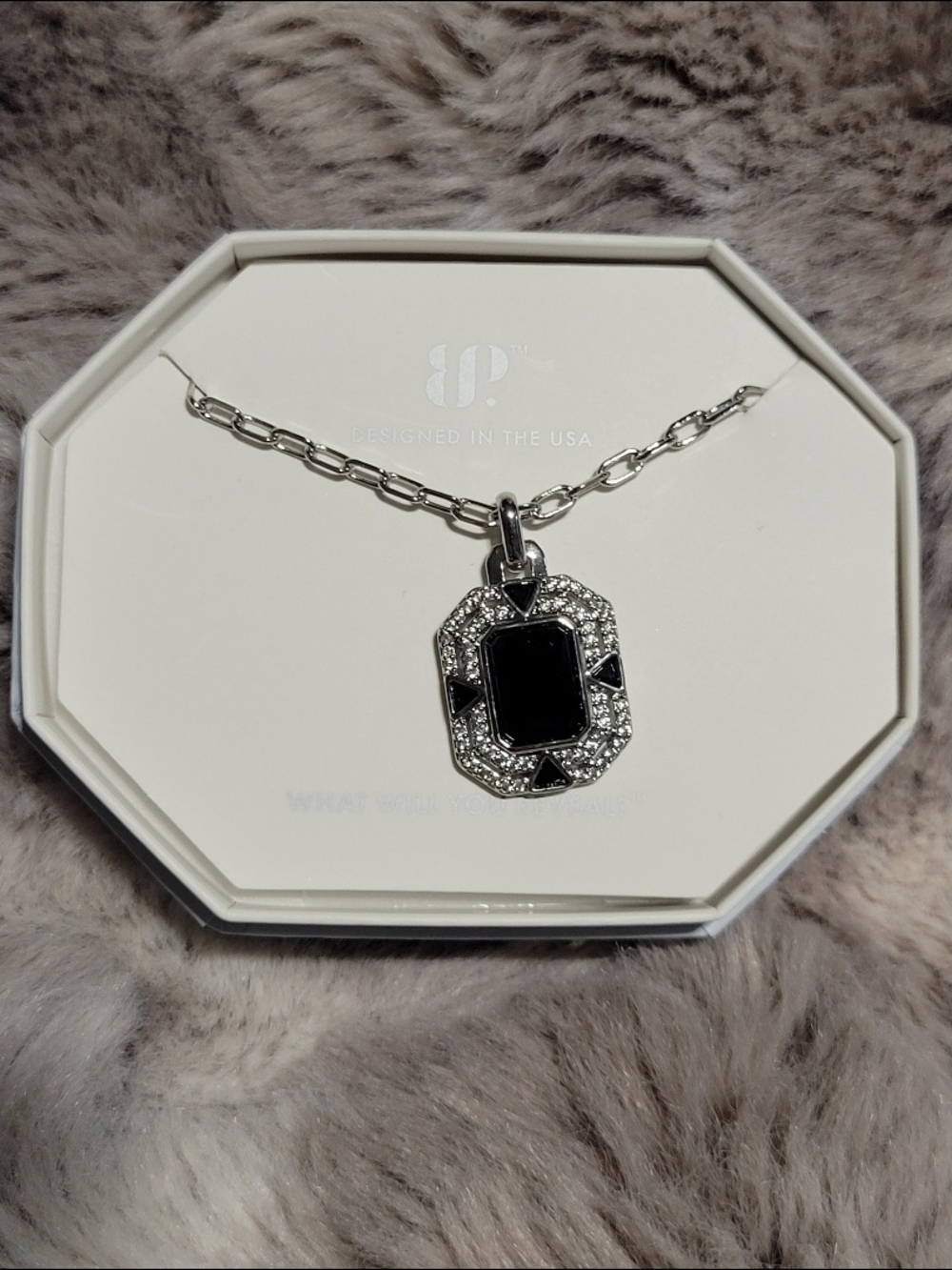 Silver Pendant Necklace with Black Onyx and Crystal Halo